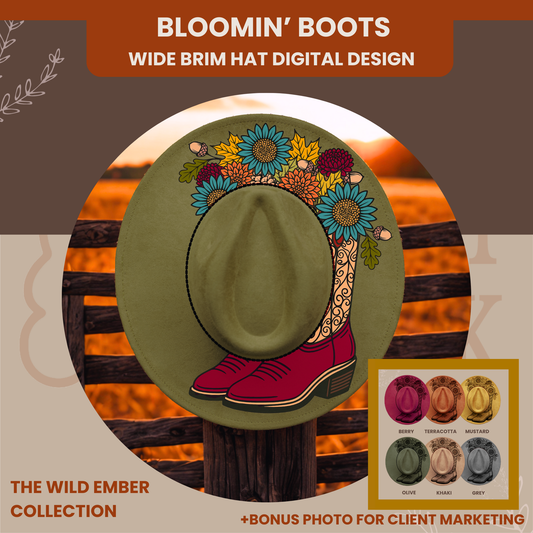 Bloomin' Boots -- Digital Design for Hat Burning -- Laser Engraving and Hand Burning Wide Brim Hat Template (Copy)