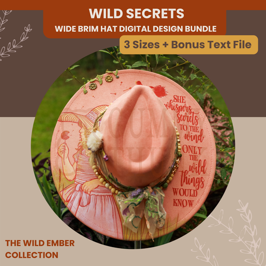 Wild Secrets -- Digital Design for Hat Burning -- Laser Engraving and Hand Burning Wide Brim Hat Template