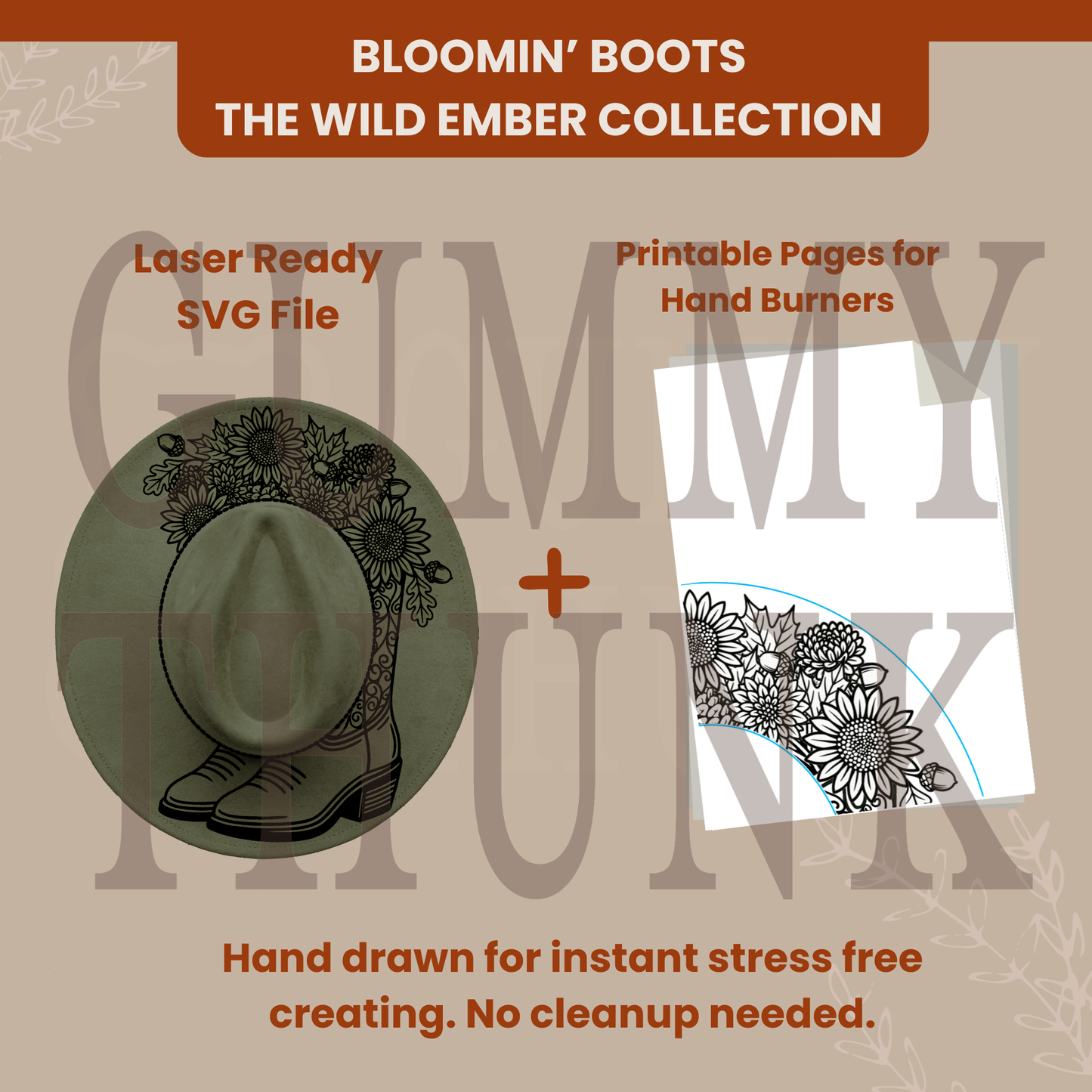 Bloomin' Boots -- Digital Design for Hat Burning -- Laser Engraving and Hand Burning Wide Brim Hat Template (Copy)