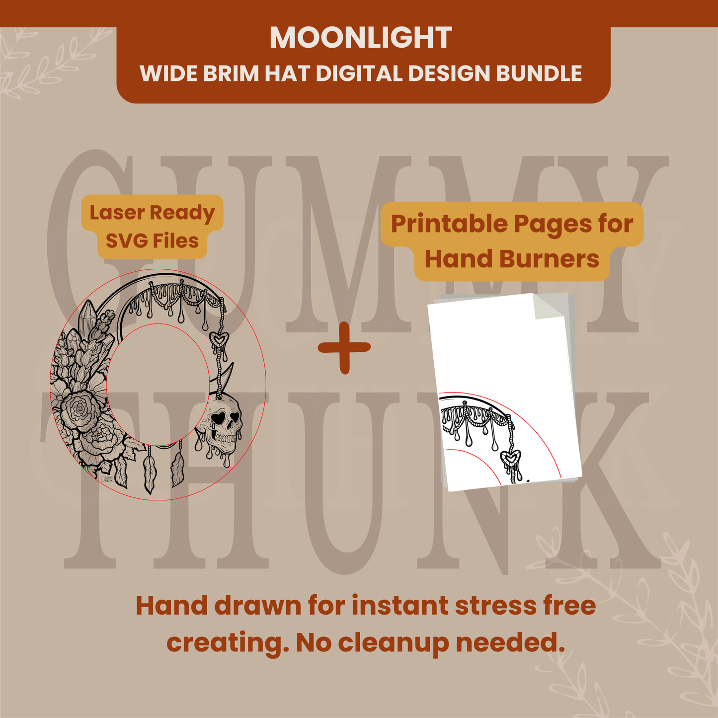 Moonlight -- Digital Design for Hat Burning -- Laser Engraving and Hand Burning Wide Brim Hat Template