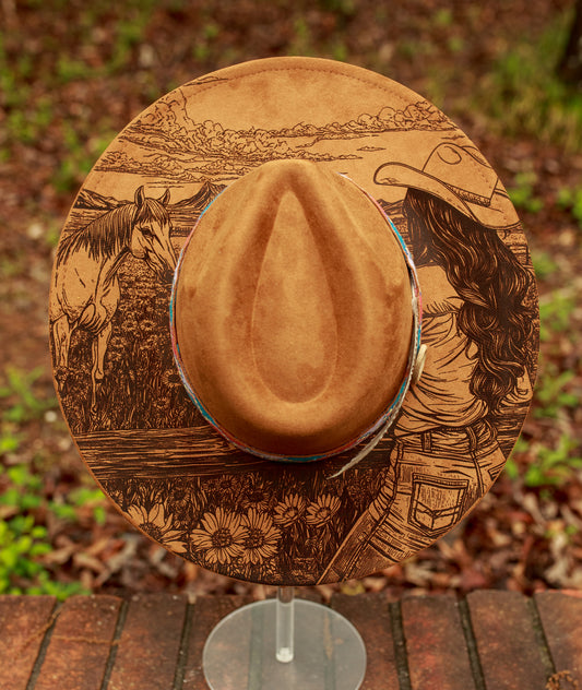 Cowgirl and Horse - Wide Brim Vegan Suede Hat