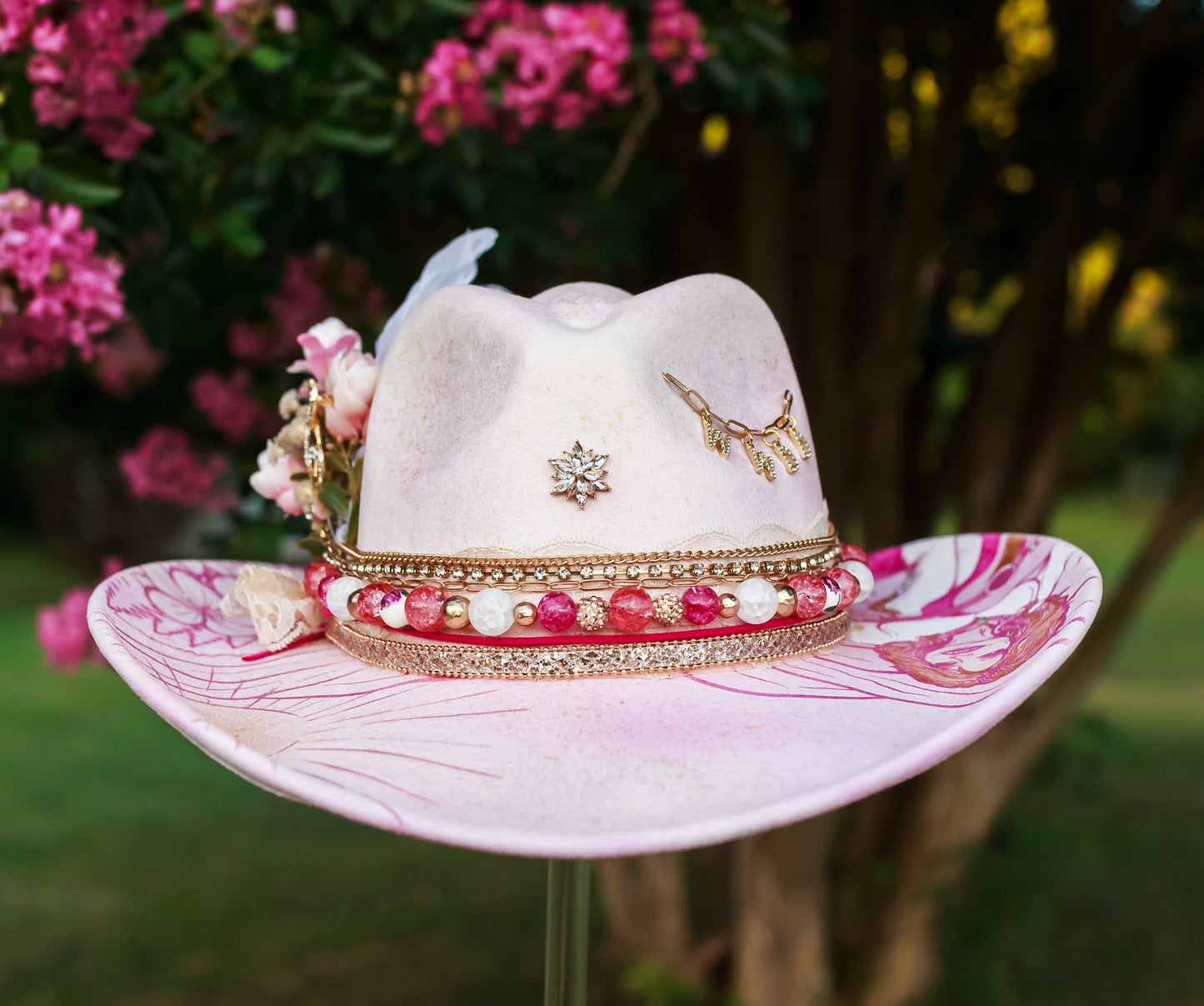 “What Would Dolly Do?” Custom Burned & Beaded Hat + Matching Earrings