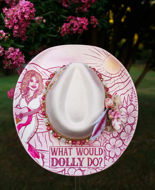 “What Would Dolly Do?” Custom Burned & Beaded Hat + Matching Earrings