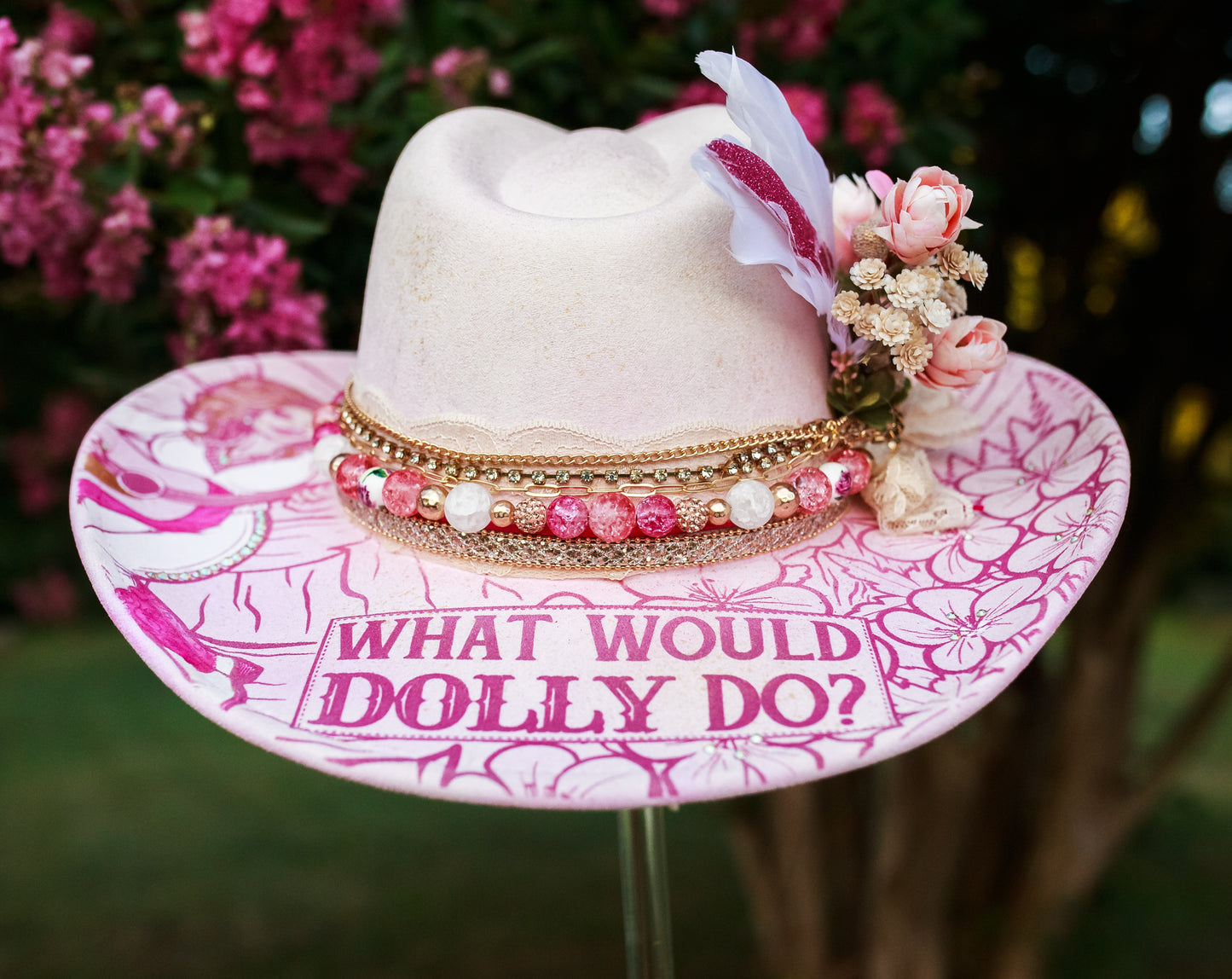 “What Would Dolly Do?” Custom Burned & Beaded Hat + Matching Earrings