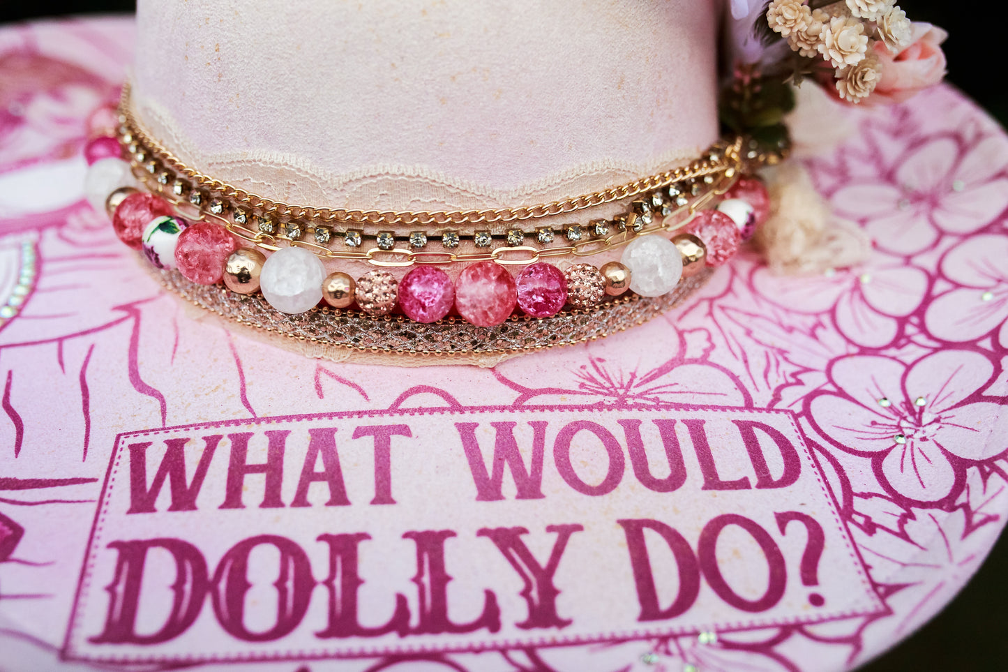 “What Would Dolly Do?” Custom Burned & Beaded Hat + Matching Earrings