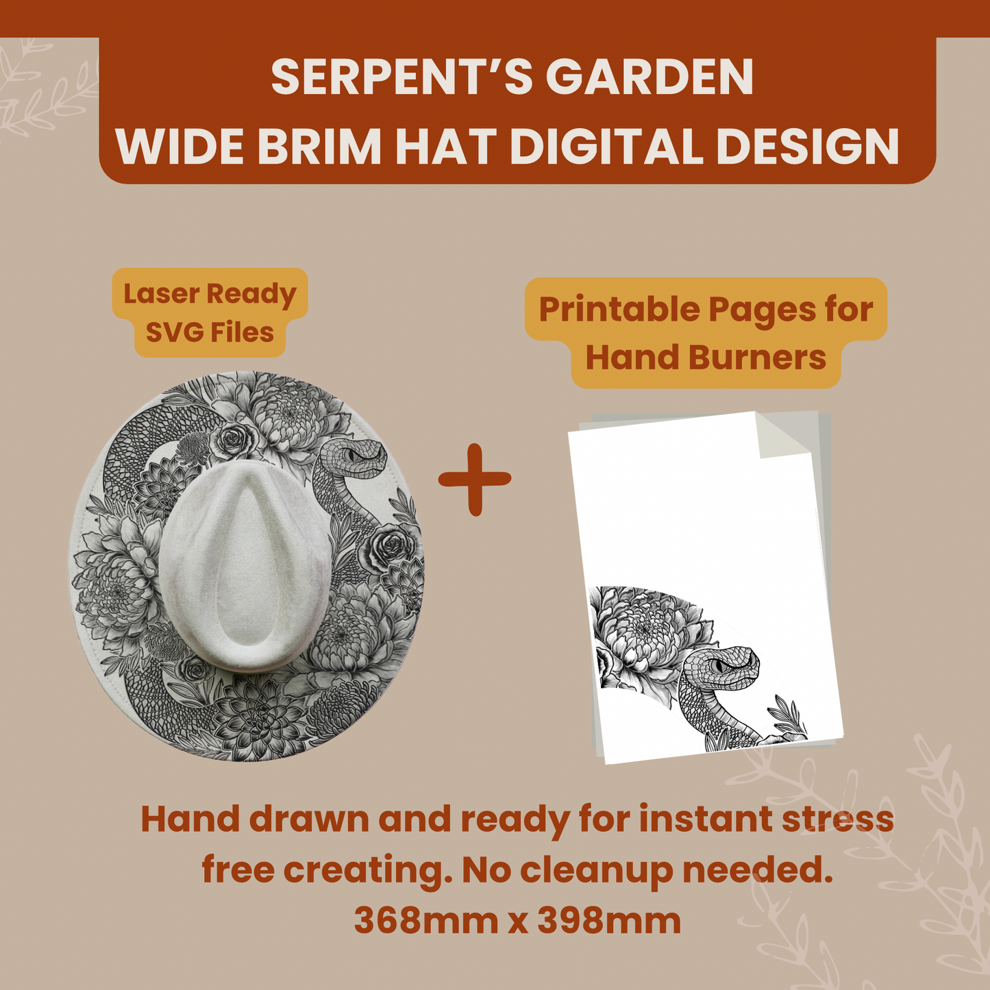 Serpent's Garden -- Digital Design for Hat Burning -- Laser Engraving and Hand Burning Wide Brim Hat Template