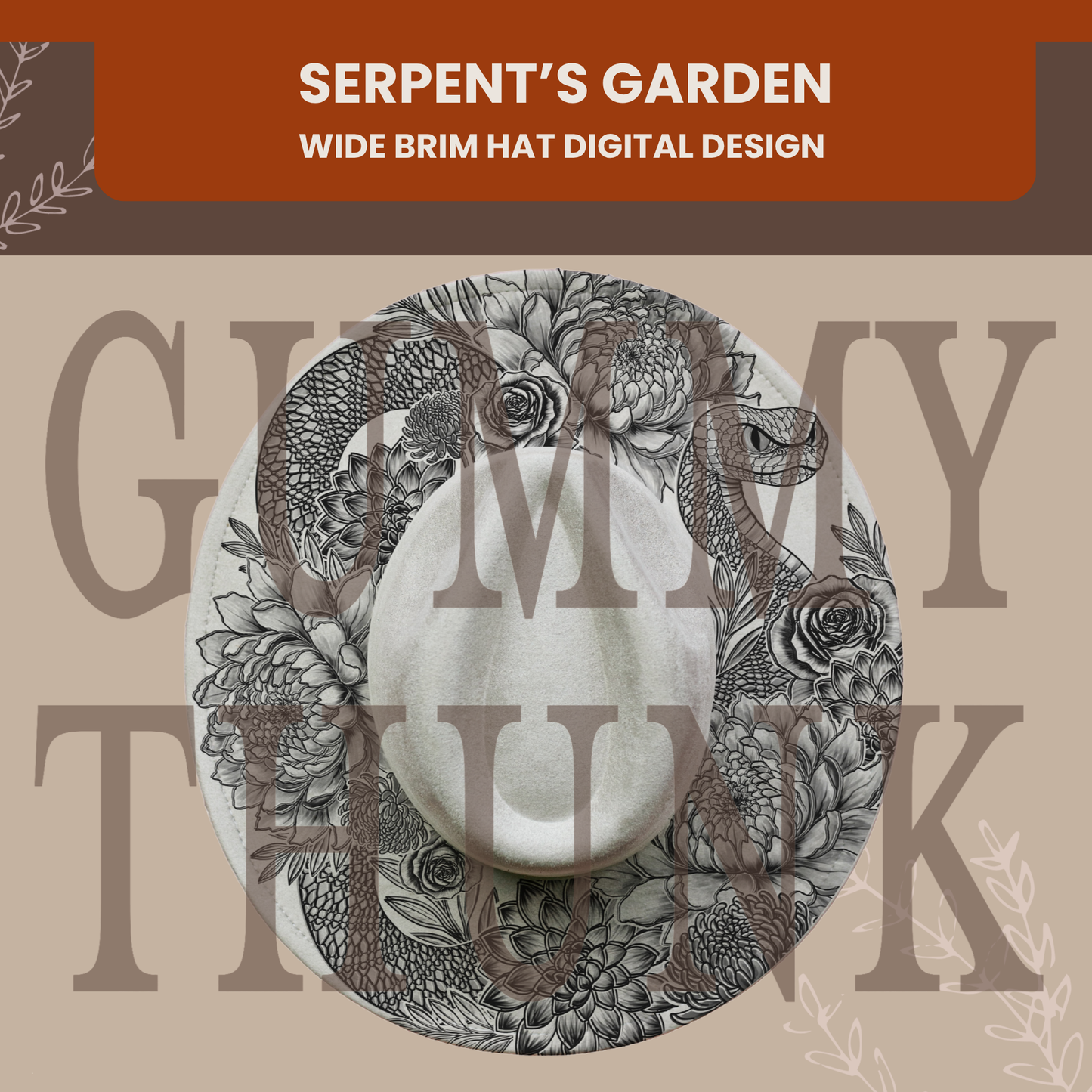Serpent's Garden -- Digital Design for Hat Burning -- Laser Engraving and Hand Burning Wide Brim Hat Template