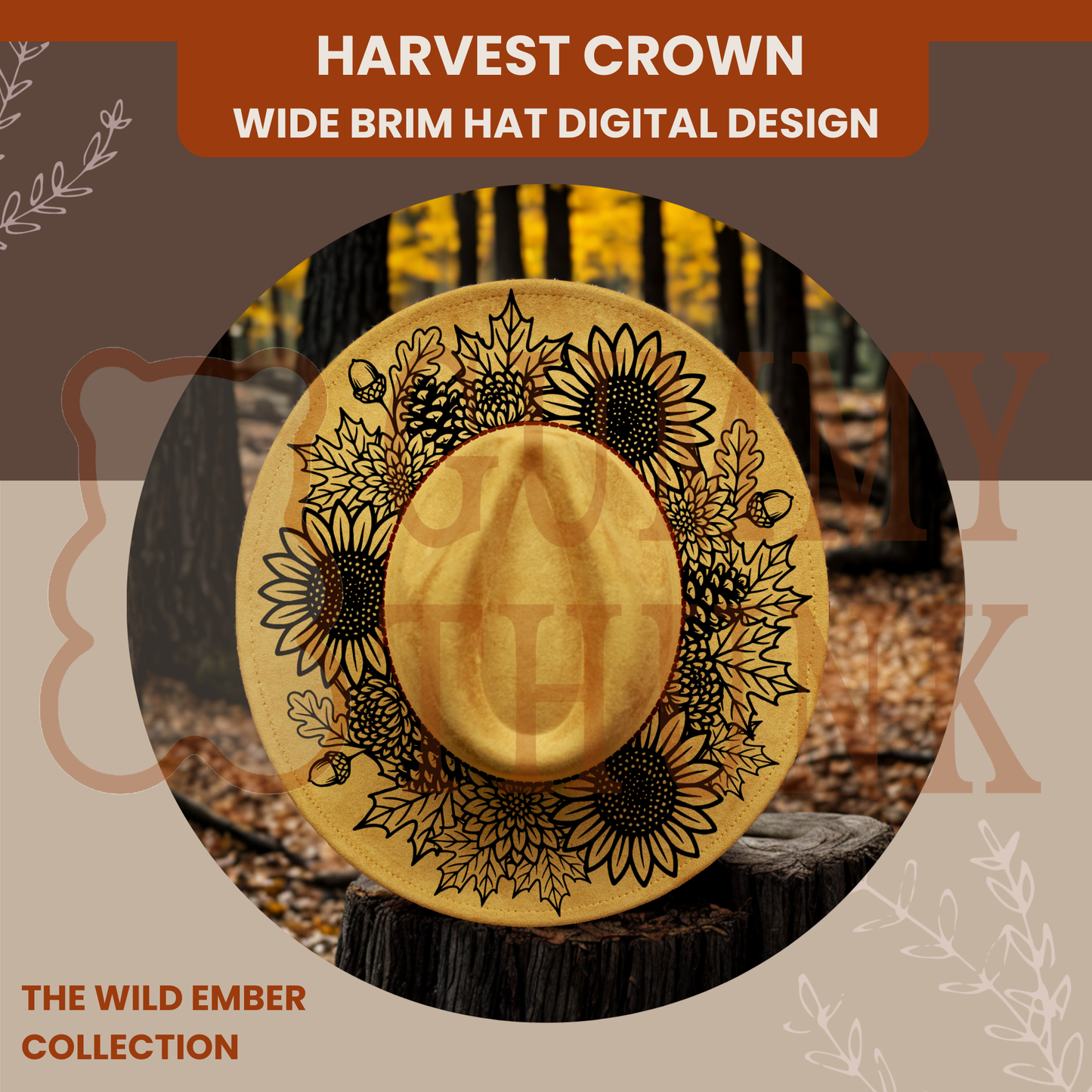Harvest Crown -- Digital Design for Hat Burning -- Laser Engraving and Hand Burning Wide Brim Hat Template