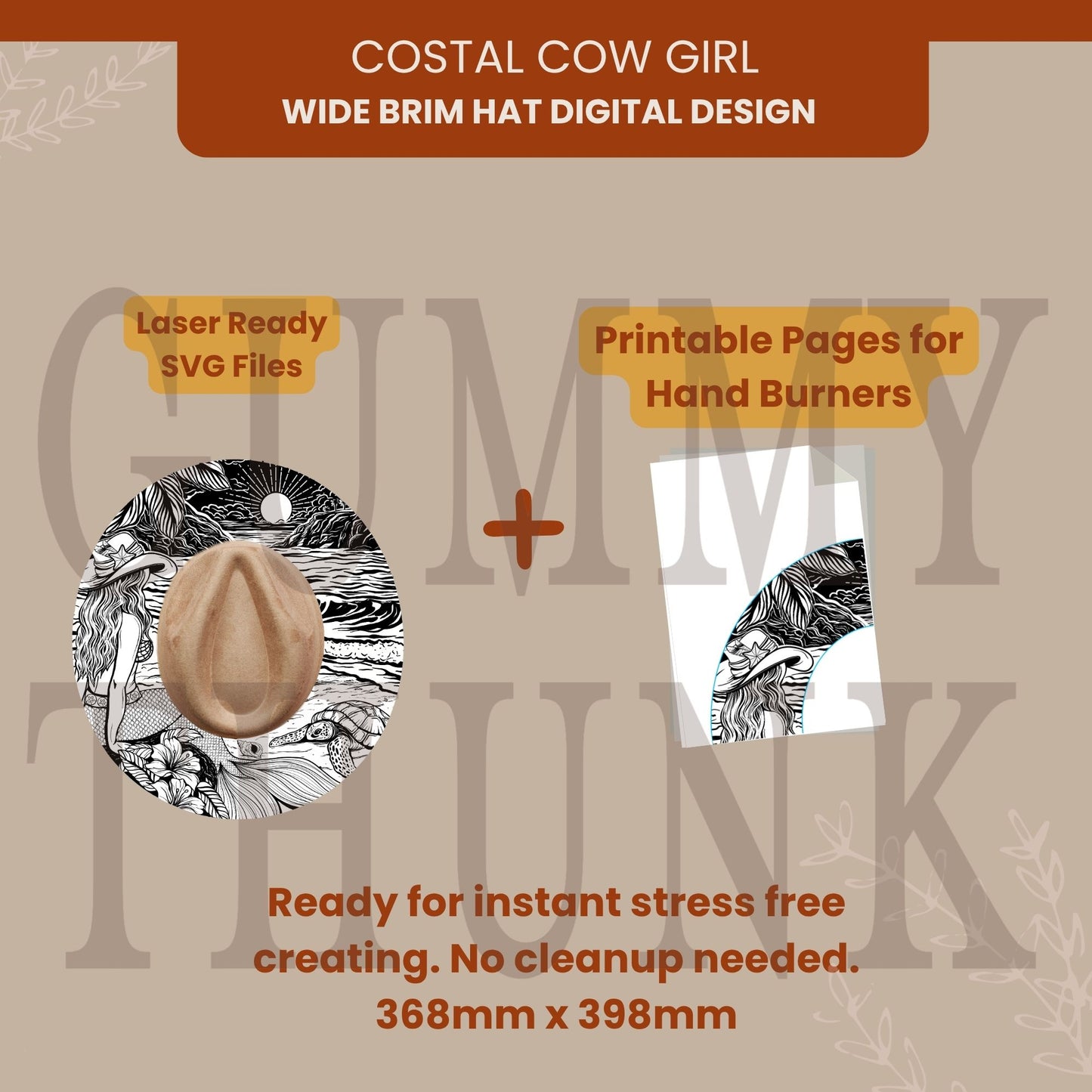 Coastal Cowgirl Wide Brim Hat Template for Burning - Laser SVG and Hand Burning Files