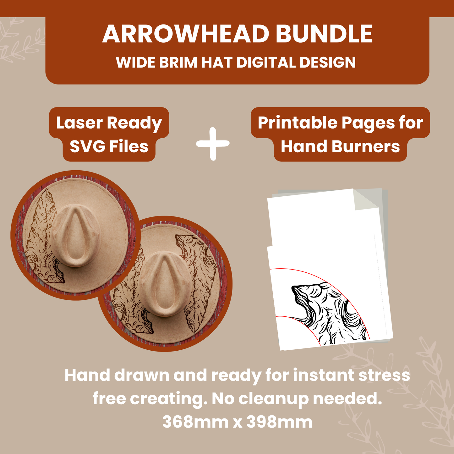 Arrowhead Bundle -- Dual Digital Designs for Hat Burning -- Laser Engraving and Hand Burning Wide Brim Hat Template