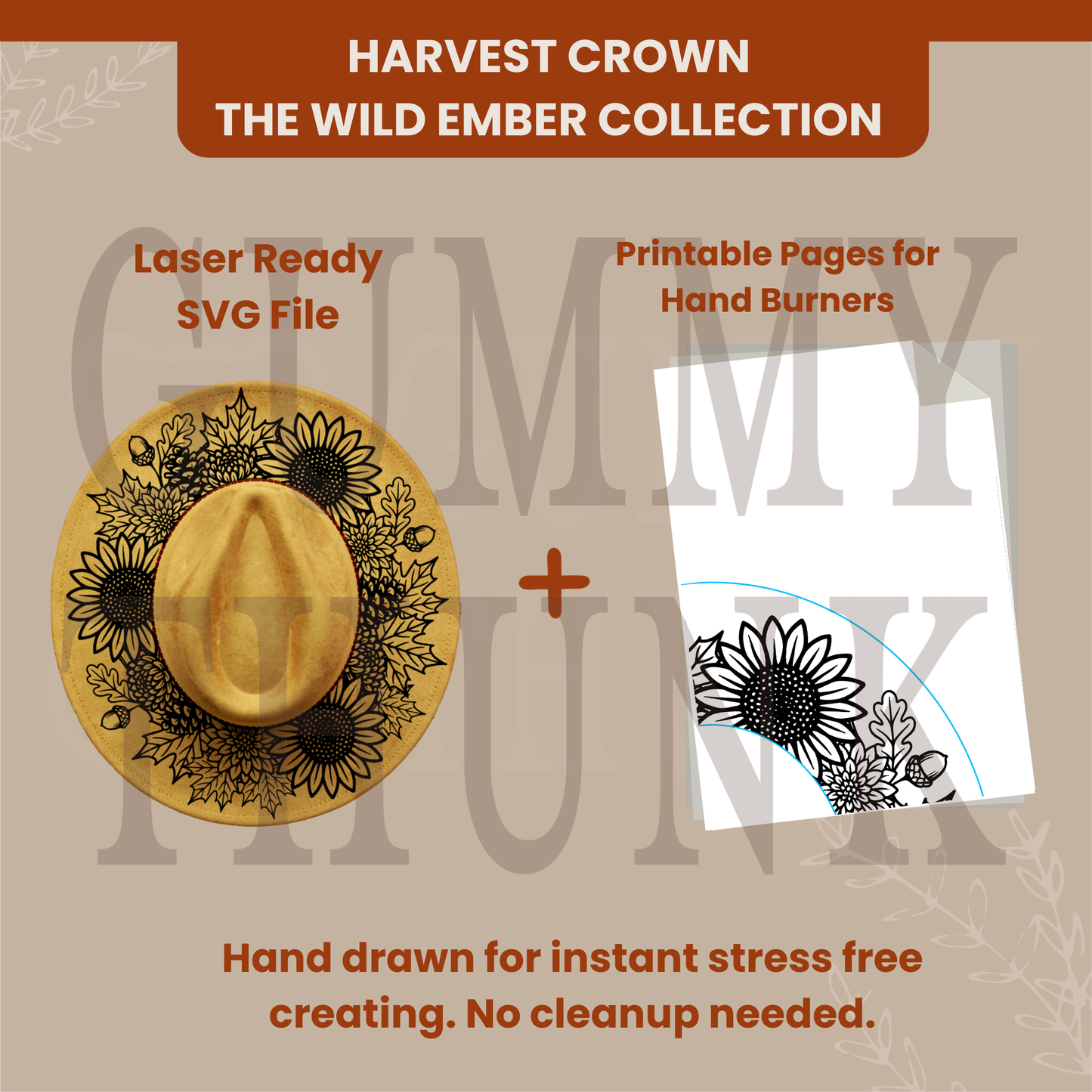Harvest Crown -- Digital Design for Hat Burning -- Laser Engraving and Hand Burning Wide Brim Hat Template