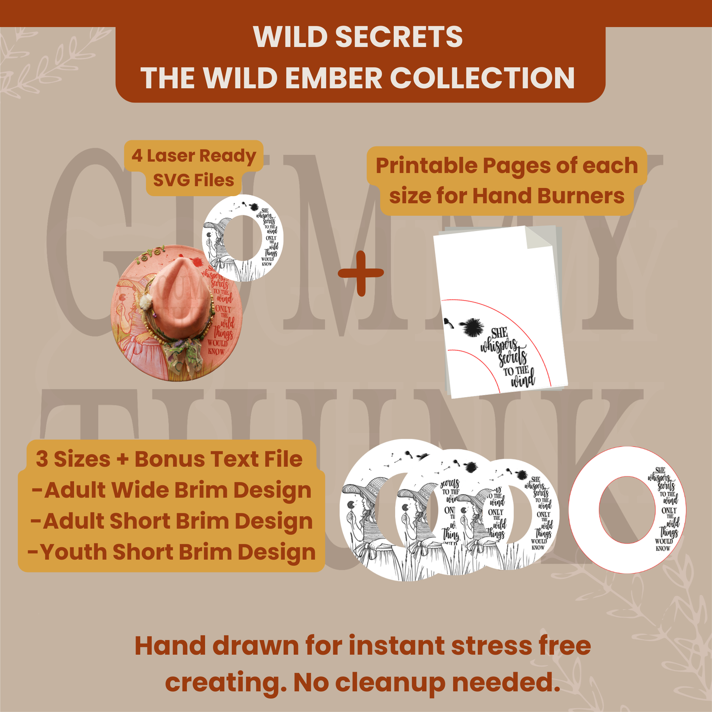 Wild Secrets -- Digital Design for Hat Burning -- Laser Engraving and Hand Burning Wide Brim Hat Template