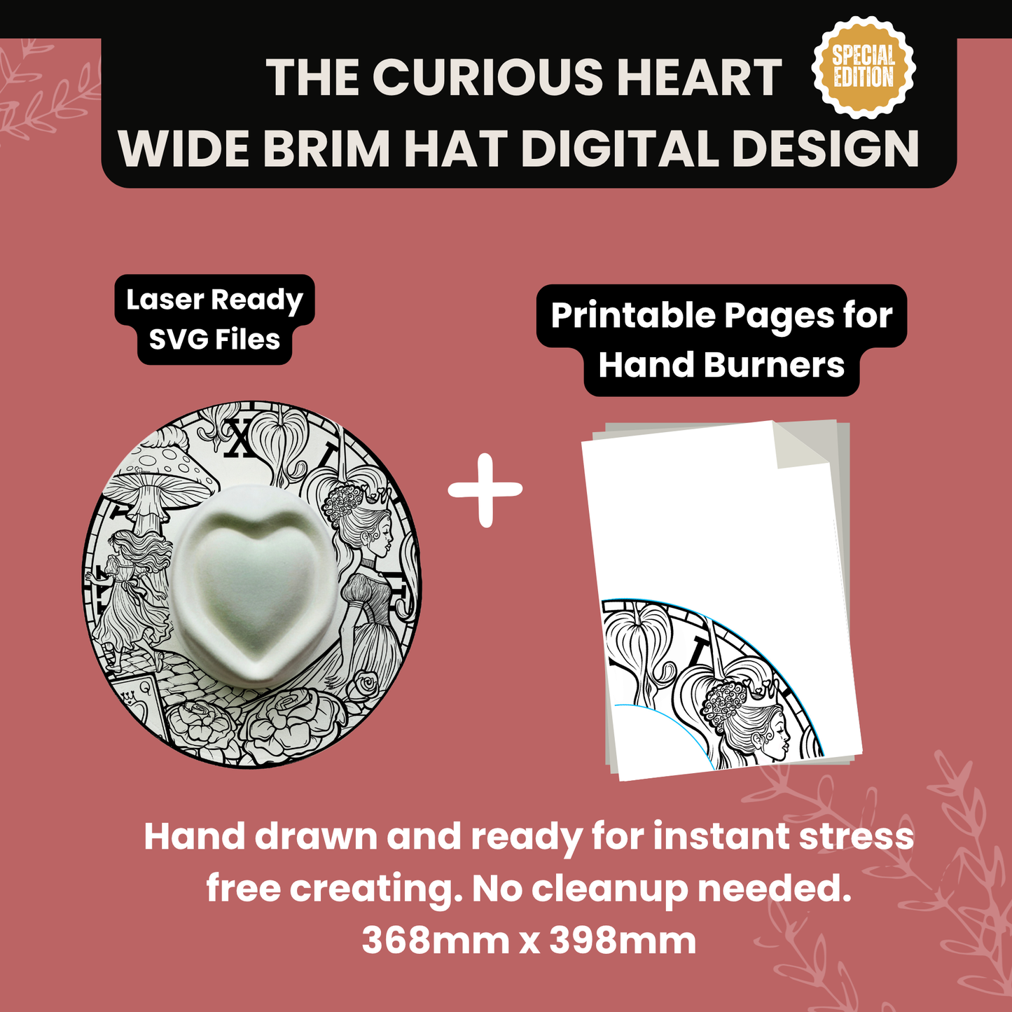 The Curious Heart - Special Edition -- Digital Design for Hat Burning -- Laser Engraving and Hand Burning Wide Brim Hat Template