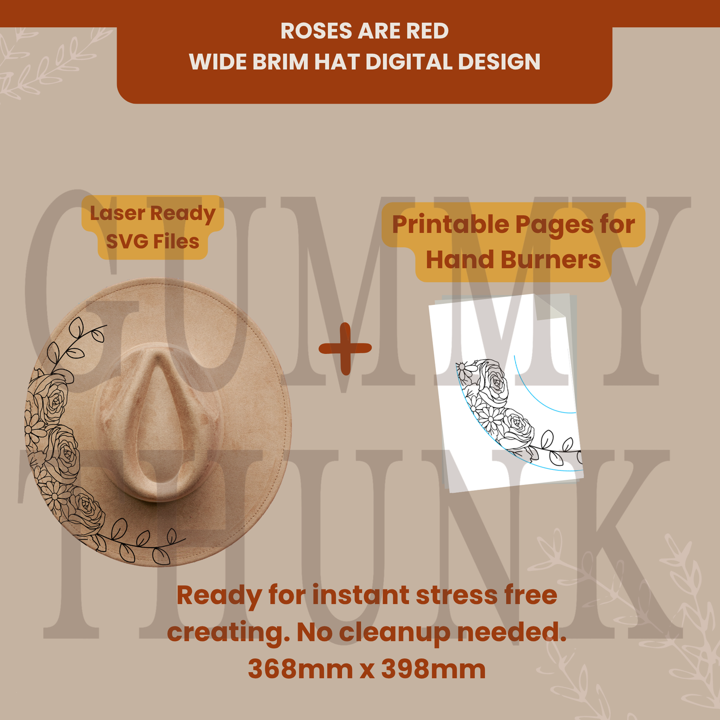 Roses are Red - Beginners Wide Brim Hat Template for Burning and Painting - SVG and JPEG Files