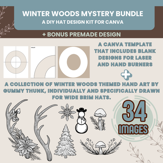 WIDE BRIM HAT DIY DESIGN CANVA TEMPLATE - Winter Woods -- Digital Design for Hat Burning -- Laser Engraving and Hand Burning Wide Brim Hat Template