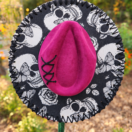 Witchy Wide Brim Skulls and Sunflowers on Plum