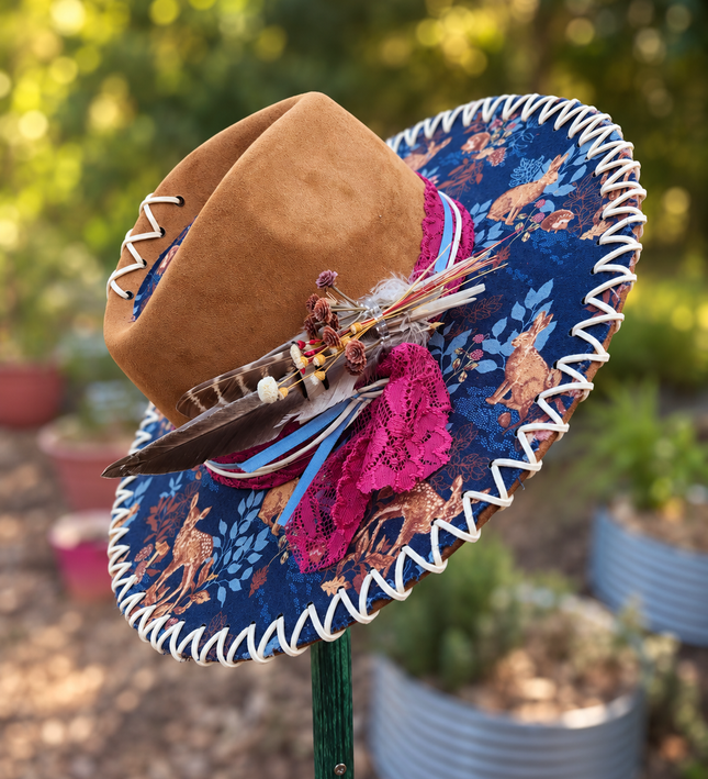 Navy Forest Animals on Camel Wide Brim