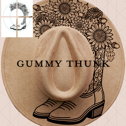 Bloomin Boots Printable Hand Burning Design Wide Brim Hat PNG Only